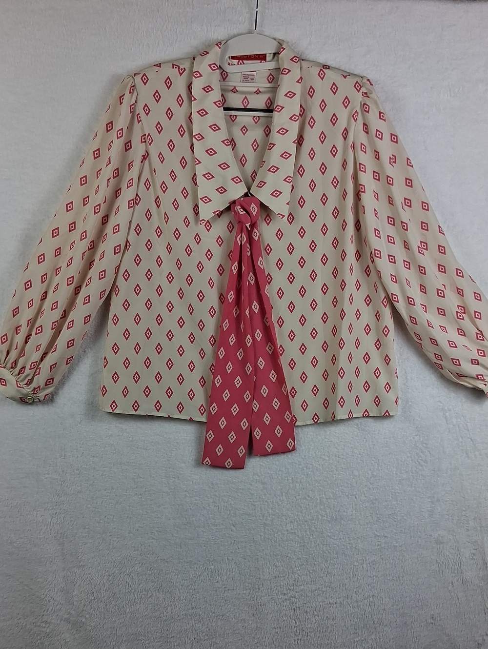 VTG 80's Halston III Geometric Diamond Print Bishop Sleeve Tie-Neck Blouse